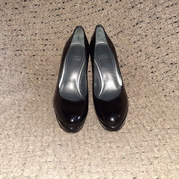 STUART WEITZMAN-Black Patent Leather Platswoon Pump-4" Stiletto Heel-Sz 5.5-NM - Picture 3 of 8